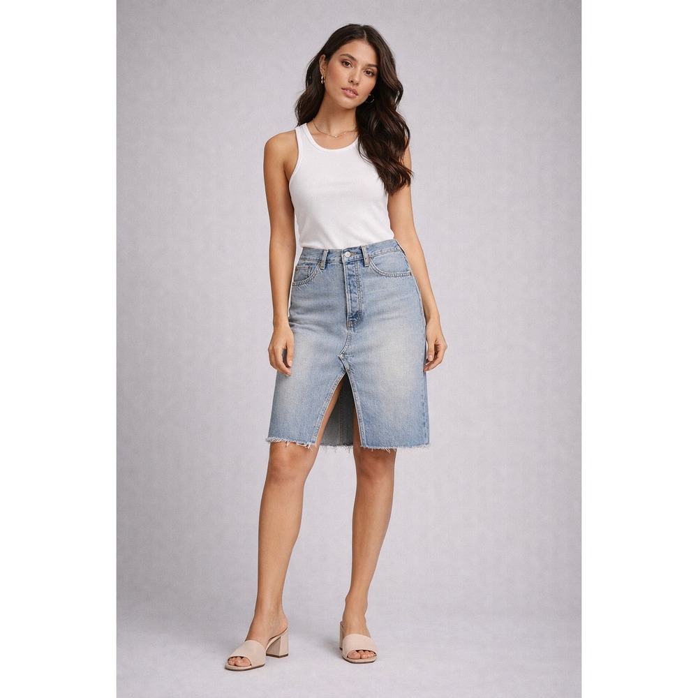 RE/DONE High‎ Rise Denim Midi Skirt Light Wash Front Slit Raw Hem Size 27
